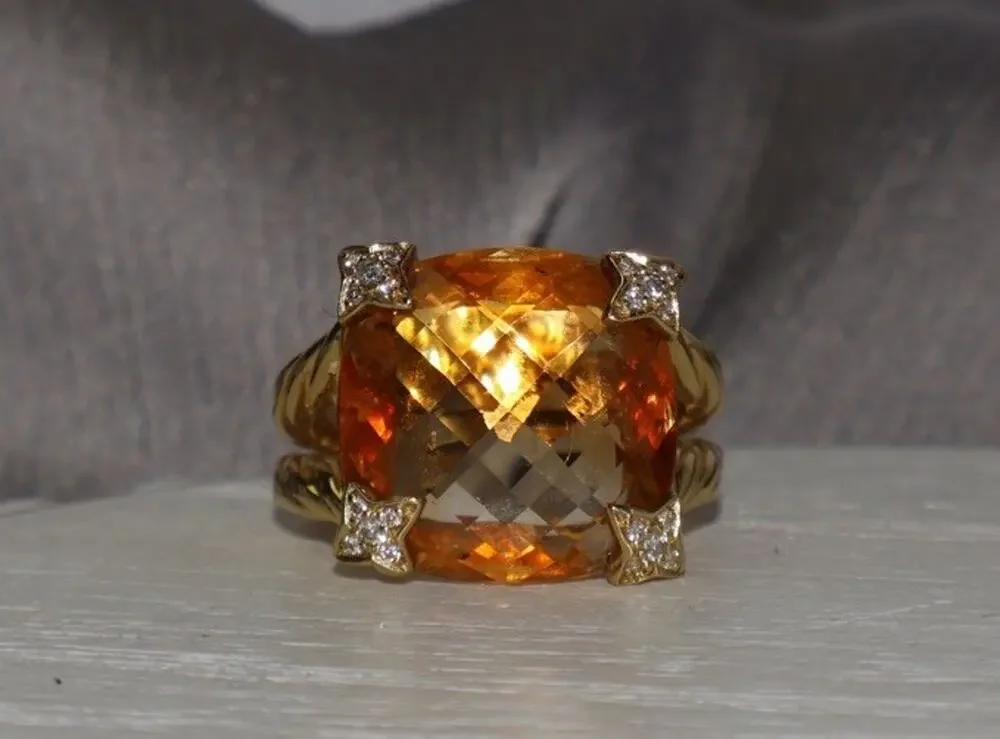 David Yurman 18k Yellow Gold Cushion Citrine & Diamond Ring 9.5G / Sz 6.5 - Picture 1 of 7